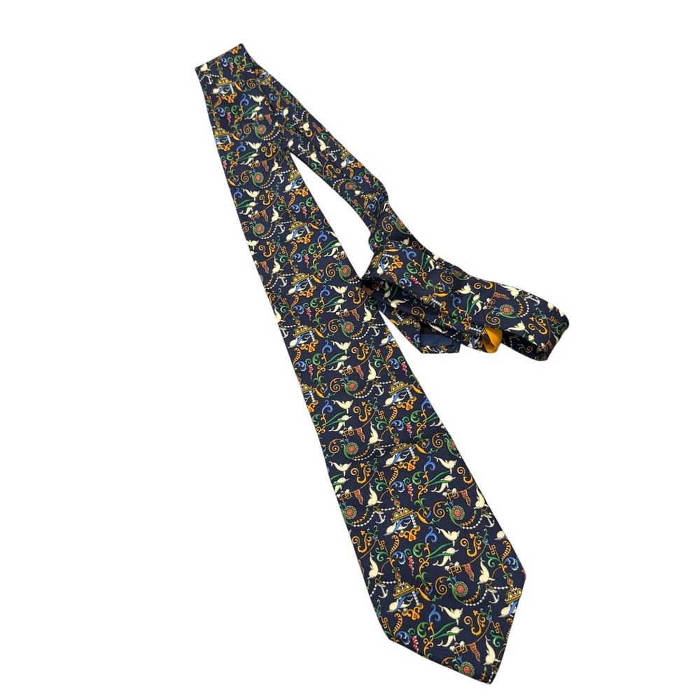 Salvatore Ferragamo Tie Mens OS Navy Nautical Dolphin Anchor Silk Italy 11268